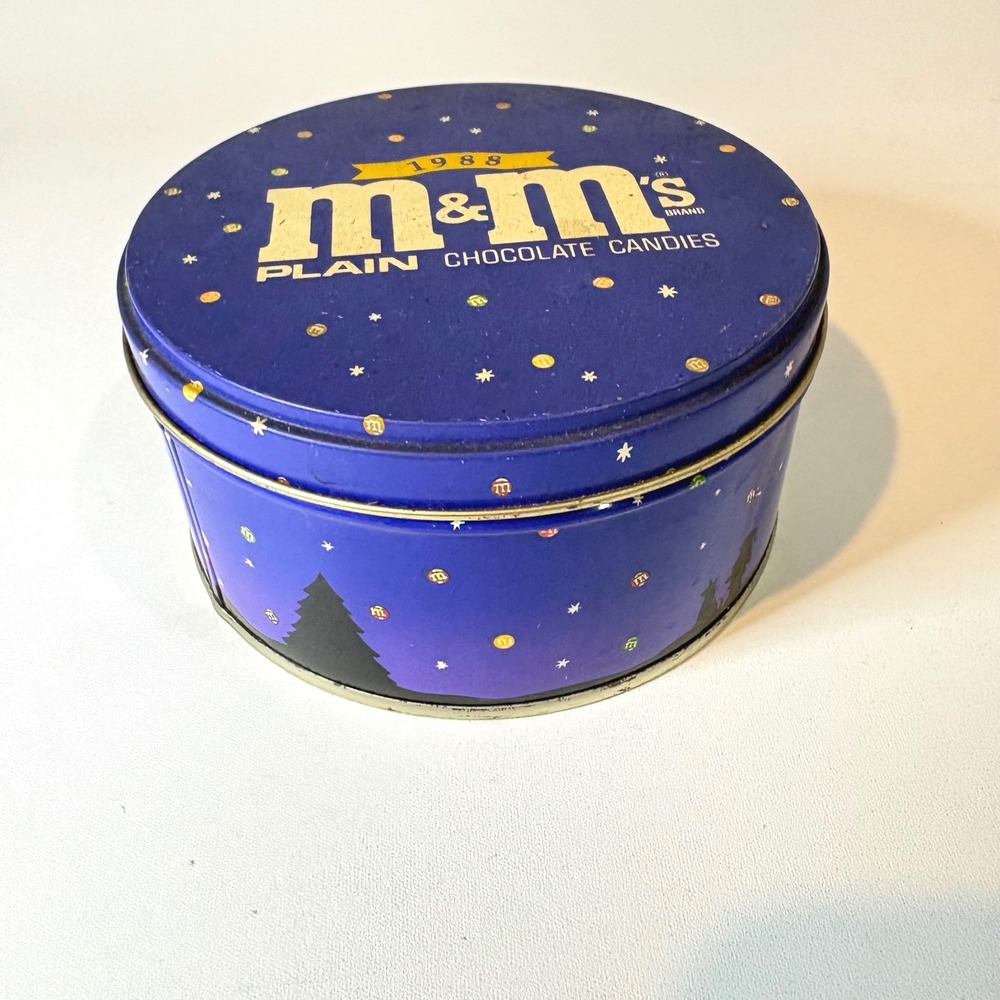 Vintage 1988 M&Ms Plain Chocolate Candies Holiday Tin Blue Collectible Round 6in